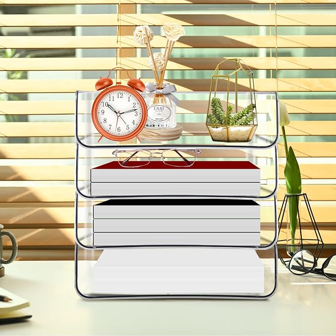 Stackable Paper Trays, 4 Tier Desk File Organizer, Document Letter Tray for Office Supplies, Magazine