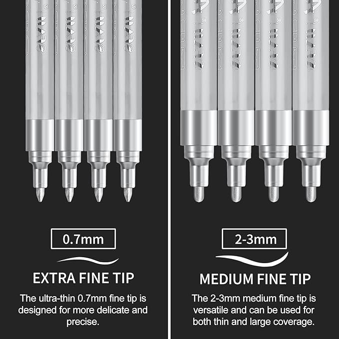 SFAIH Acrylic Silver Paint Pens - 8 Pack 2-3MM Medium Tip & 0.7MM Extra Fine White Paint Marker for Rock Painting, Wood, Metal, Fabric, Canvas, Glass, Ceramic, Diy Crafts