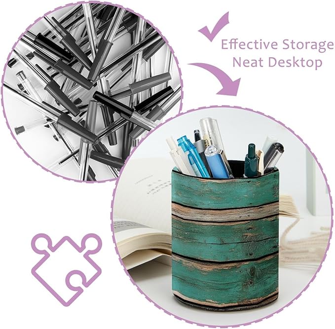Rustic Distressed Teal Green Barn Wood P (2) Pencil/Pen Holder for desk, Round Desktop Organizer for Desk Multi Purpose Use for Home School Office Supplies