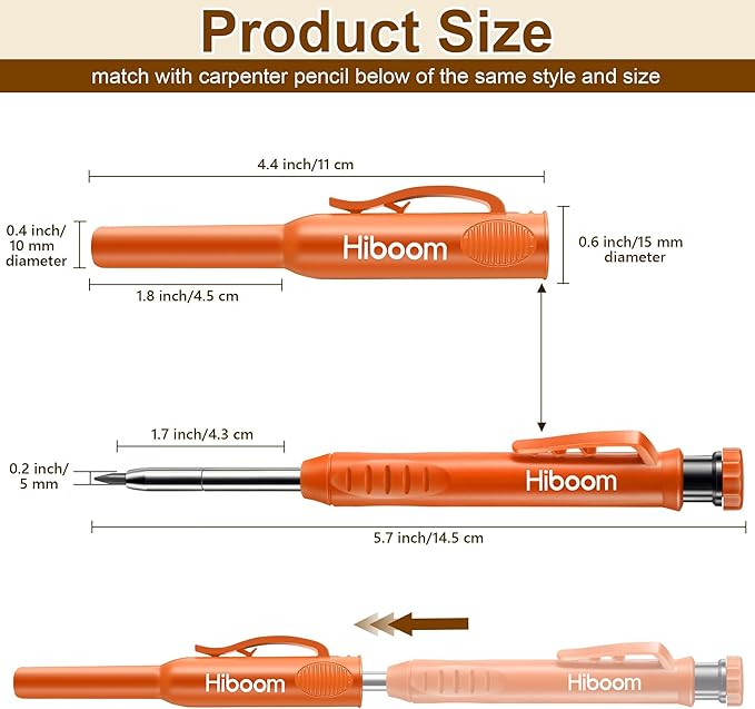 Hiboom 2 Pack Solid Carpenter Pencils with Pencil Cap and 18 Refills, Long Nose Deep Hole Mechanical Pencil Marker, Scribe Tool with Built-in Sharpener for Construction Woodworking Architect (Orange)