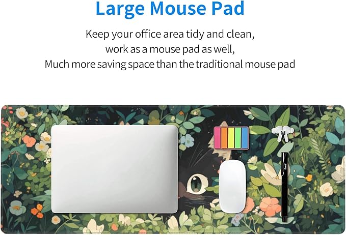 Cat Hiding in Flowers Large Mouse Pad, Anime Style Gaming Desk Mat, XL Keyboard Desk Pad Mat for Desktop, 31.5"x11.8" Non-Slip Base Big Mousepad with Stitched Edges