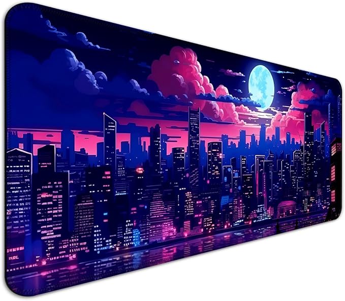Purple City Night View Gaming Desk Mat, Extended Large Fantasy Anime Aesthetic Mouse Pad, Computer Keyboard Laptop Mousepad for Work, Office and Home, XL