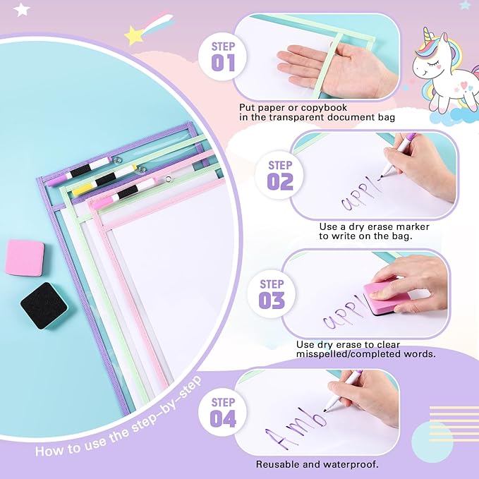 24 Pack Dry Erase Pocket Reusable Sleeves 10" x 14" Clear Plastic Sheet Protectors with Dry Erase Markers and Mini Sleeves Paper Teacher Supplies(Pastel)