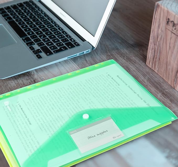 ABSOFINE 24 Pack Plastic Envelope Document Folders with Label Pocket and Snap Button for Home Work Office Organization, A4 Letter Size, Binder Pocket Folders for 11 Ring Binder, Assorted Colors