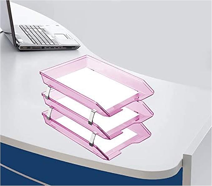 Acrimet Facility 3 Tier Letter Tray, Front Load, Letter Size/A4, Desktop File Organizer, Plastic (Clear Pink Color)