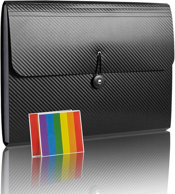Expanding File Folder with 13 Pockets - Accordion Filing Folder for Documents - Aesthetic Black Paper Organizer for Work, School, Home, Office