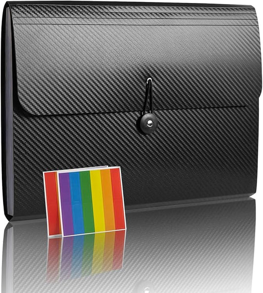 Expanding File Folder with 13 Pockets - Accordion Filing Folder for Documents - Aesthetic Black Paper Organizer for Work, School, Home, Office