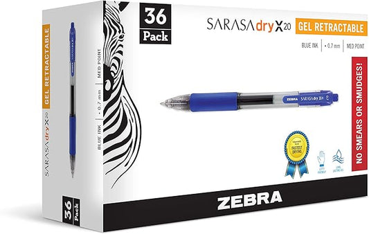 Zebra Pen Sarasa Dry X20 Retractable Gel Pens, 0.7mm Medium Point, Blue Ink with Rapid Dry Ink Technology, Ideal for Office Supplies and School Supplies, 36-Pack (46236)