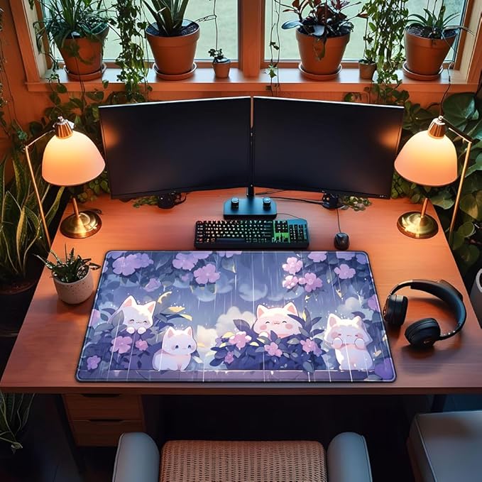 Kawaii Cat Desk Mat XXL Extended Purple Gaming Mouse Pad Large Mousepad, Cute Desk Mat Keyboard and Mouse with Stitched Edges Desk Pad for Game Office Home Desk Purple Decor 31.5x15.7 in