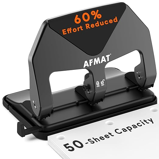 AFMAT HP20 Heavy Duty 3 Hole Punch, 50-Sheet Capacity, 60% Reduced Effort Three Hole Puncher for Binder, 10K+ Uses, Large Chip Tray, Adjustable Paper Guide, Office Metal Paper Puncher 3 Ring, Black