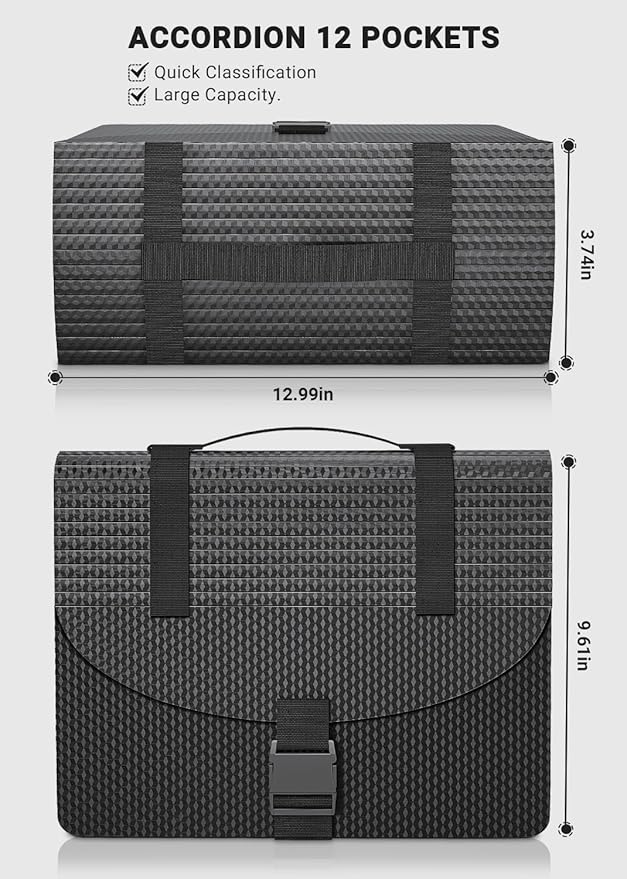 Accordion File Organizer/Expanding File Folders/Portable File Box,13 Pockets Accordian Filing Folder with Handle for Document Paper Receipt Bill Organizer,A4/Letter Size,Colored Tabs,Black Diamond