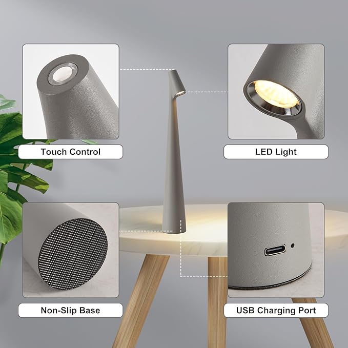 Cordless Small Table Lamps,3 Levels Brightness Portable Desk Lamp,Rechargeable Battery Lights for Outdoor, Restaurant, Bedside, Baby Night Light,Gifts (Grey)
