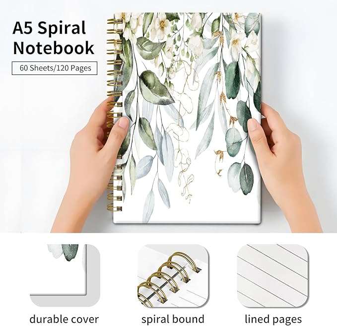 Spiral Journal Notebook, Hardcover Lined Journal for Women, Medium 6 x 8.4 in, 120 Pages Thick Paper, College Ruled Notebook for Writing, Work, Office, and School,Watercolor Green Gold Branches