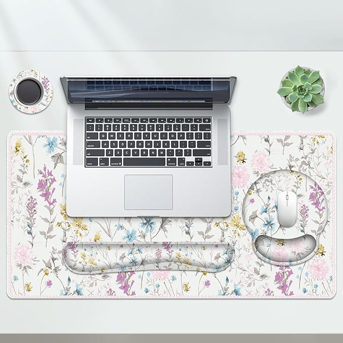 AIMSA Large Mouse Pad and Keyboard Wrist Rest, Desk Pad for Keyboard and Mouse, Large Gaming Mouse Pad with Wrist Support Combo, Desk Mat for Study Game, Wildflower Floral
