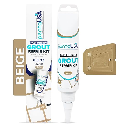 PentaUSA Tile Grout Repair Kit - Beige Grout Filler, Triple Protection, Fast Drying Formula Restores and Renews Joint Lines with Scraper (Beige, 8.8oz / 250gr)
