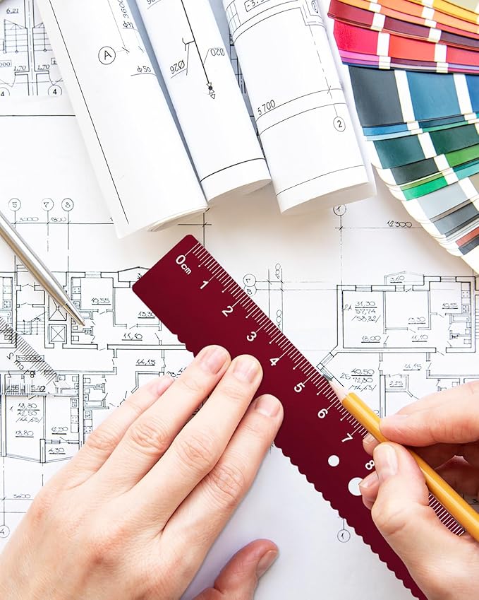 Honagu Triangular Ruler Set, 4 Pieces Aluminum Alloy Ruler, Metal Drafting Ruler, Geometric Protractor for Students, Draftsmen, Engineers, School Office Supplies (Rose Red)