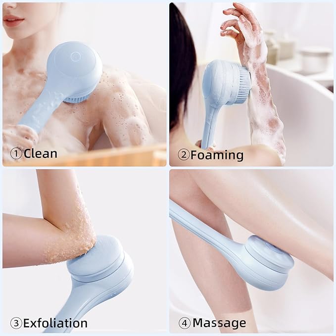 Oh,XIYU. Electric Body Brush Back Scrubber for Shower, Waterproof Long Dual Handle Power Body Scrubber with 3 Heads, Rechargeable Bath Brush & 2 Speeds, for Cleansing, Exfoliating and Massaging Skin