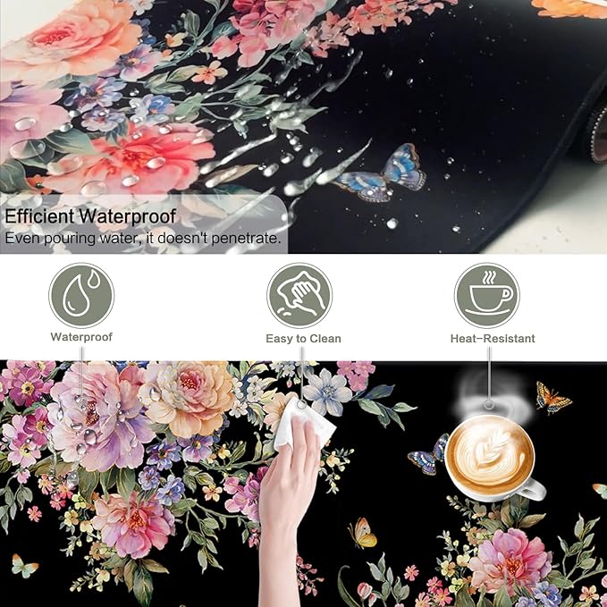 Vimorco Desk Mat Mouse Pad Butterfly Flower, Waterproof Pink Floral XL Large Gaming Desk Pad Mousepad, Black Computer Laptop Keyboard Mouse Mat for Women Girls Work, Game, Office, Home 31.5 x 11.8 in