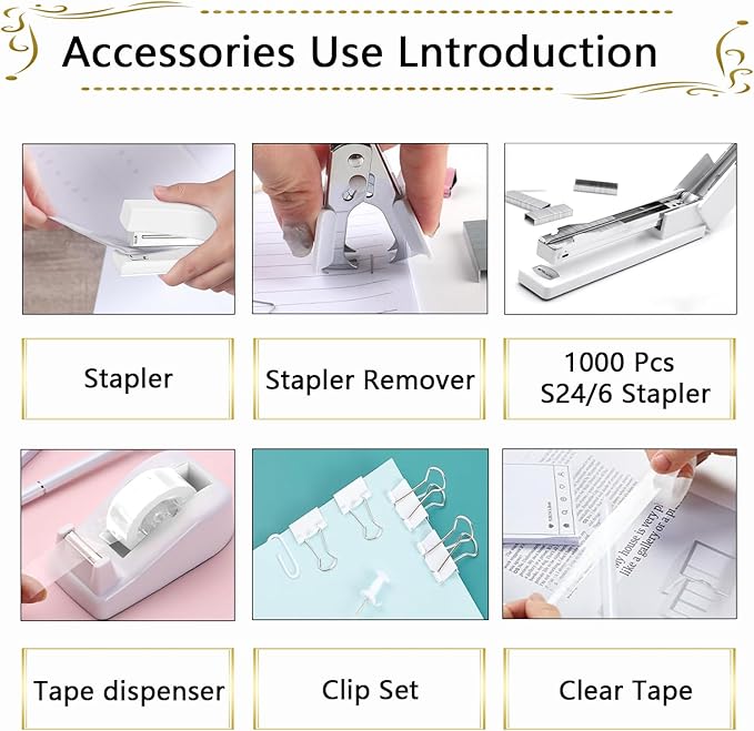 Office Supplies,Desk Accessories, Stapler and Tape Dispenser Set for Women with Stapler, Tape Dispenser, Staple Remover, Staples, Clips, Scissor and Tabs,Gift for Students, Coworkers