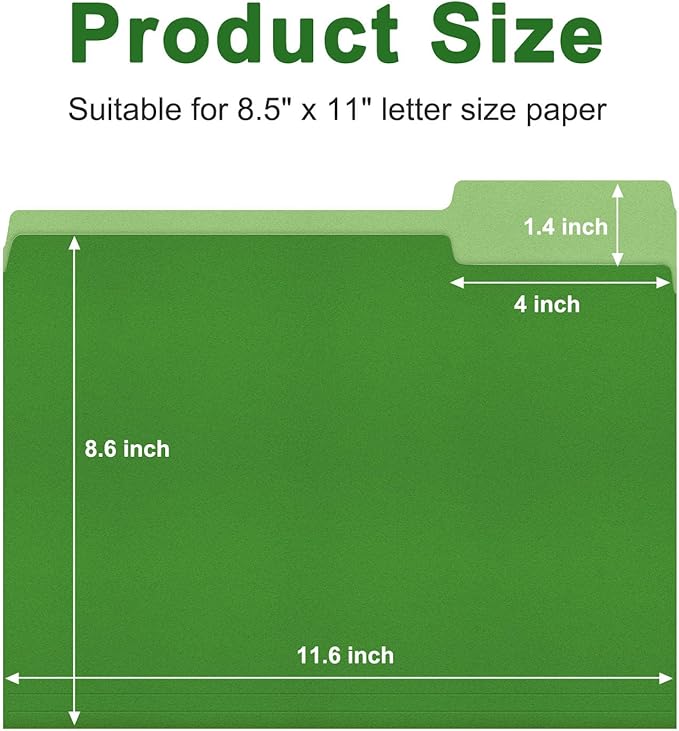 ViVin File Folder, 50 Pack Colored File Folders with 1/3-Cut Tabs, Fits 8.5 * 11 Letter Size Paper, Manilla Folders for Home Office School Documents(Green)