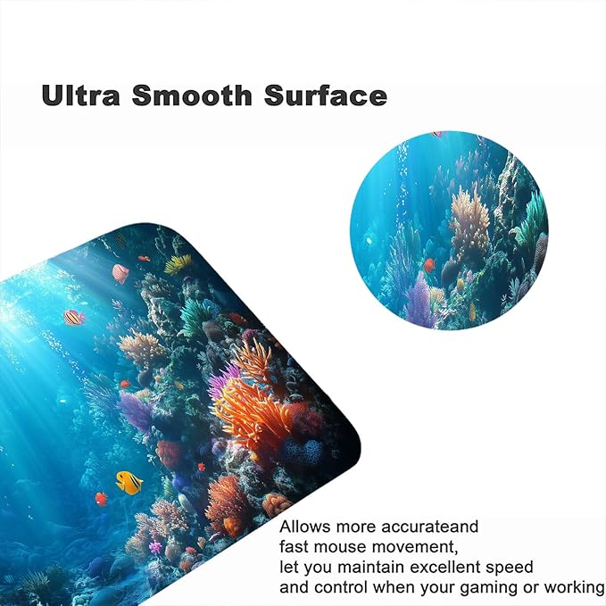 Ocean World Desk Mat Gaming Mouse Pad Sea Coral Fish Fantasy Underwater Gaming Mouse Mat with Stitched Edges,Non-Slip Waterproof Rubber Base Mouse Mat Office Computer Keyboard Laptop Home 31.5"x11.8"