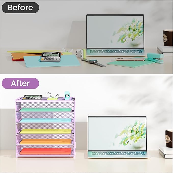 6 Tier Paper Organizer, Metal Mesh Desk File Folder, Letter Tray Organizer, Paper Sorter Desk Organizers for Office, Home or School File Folder Holder - Purple