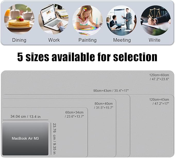 BLESWIN Large Desk Pad 35.4"" x 17"", Non-Slip Desk Mat with PU Leather & Natural Cork, Waterproof Writing Desk Natural Cork, Computer Mat Desk Protector for Office Home, Light Grey