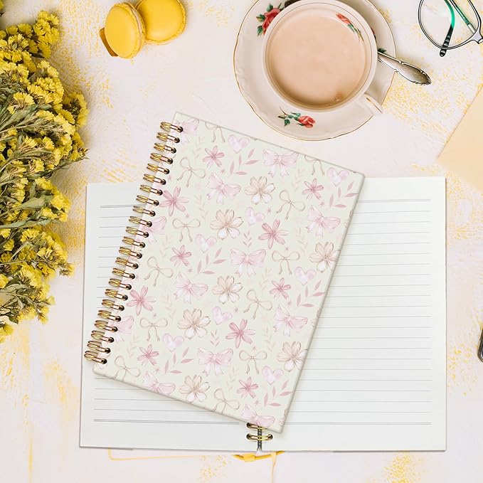 MOFUYU Cute Notebook for Girls,Coquette Bow Hardcover Spiral Notebook,Pastel Yellow Floral Journal A5,Pretty Gift for Teen Girls or Students