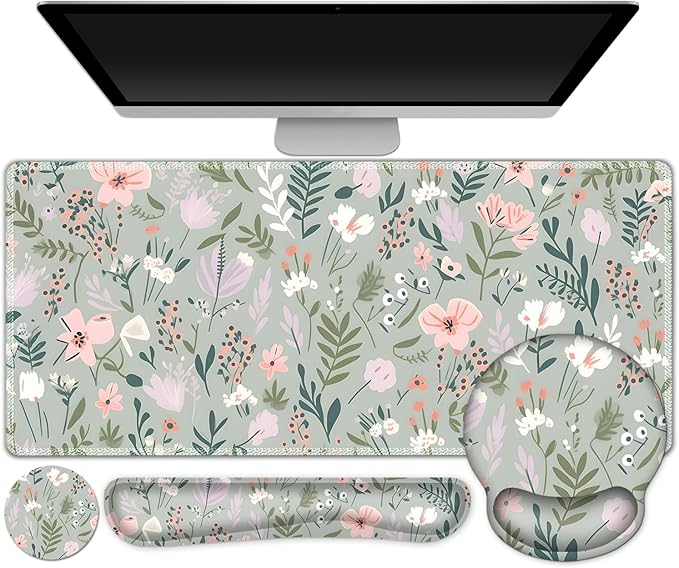 AIMSA Keyboard Mouse Pad Set, Extended Mouse Pad, Keyboard Wrist Rest Support, Memory Foam Ergonomic Desk Pad Set for Home Office Study Game, Pink White Flowers Plants
