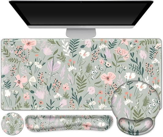 AIMSA Keyboard Mouse Pad Set, Extended Mouse Pad, Keyboard Wrist Rest Support, Memory Foam Ergonomic Desk Pad Set for Home Office Study Game, Pink White Flowers Plants