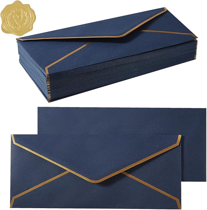 50 Pack #10 Business Envelopes with Gold Border, Self Seal Standard Envelopes with Gold Stickers for Office, Checks, Letter Mailing, Invoices, 4 1/8 x 9 1/2 Inches (Navy Blue)