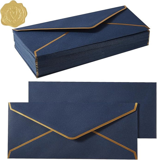 50 Pack #10 Business Envelopes with Gold Border, Self Seal Standard Envelopes with Gold Stickers for Office, Checks, Letter Mailing, Invoices, 4 1/8 x 9 1/2 Inches (Navy Blue)