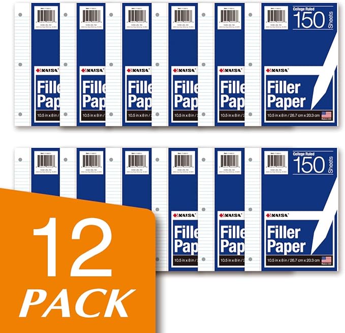 Kaisa Filler Paper Notebook Paper College Ruled 8"x10.5" Loose Leaf Paper for 3-Ring Binders 150 Sheet/pack,12pack (Total 1800 Sheets)