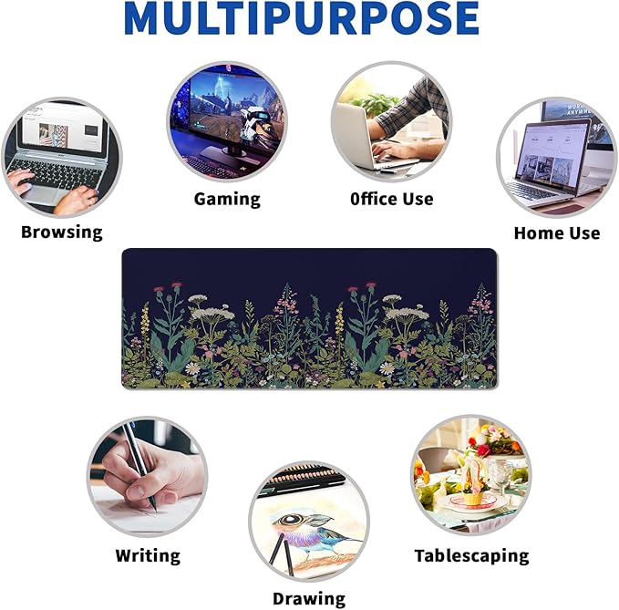 Wildflower Mouse Pad Abstract Black Mouse Pad 31.5x11.8 Inch Flower Texture Non-Slip Rubber Base Large Mousepad Stitched Edges Keyboard Mouse Mat Desk Pad for Office and Home