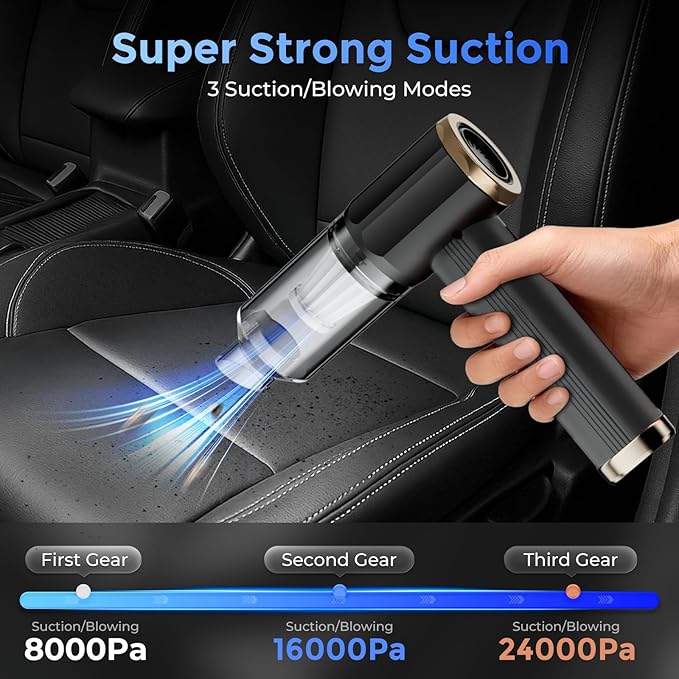 QWMSNUV Aspirador portátil inteligente, Negro, potencia de succión 24000Pa, Tiempo de ejecución de 50 min, diseño multifunción 5 en 1, chip de Doble Sensor, Motor sin cepillo