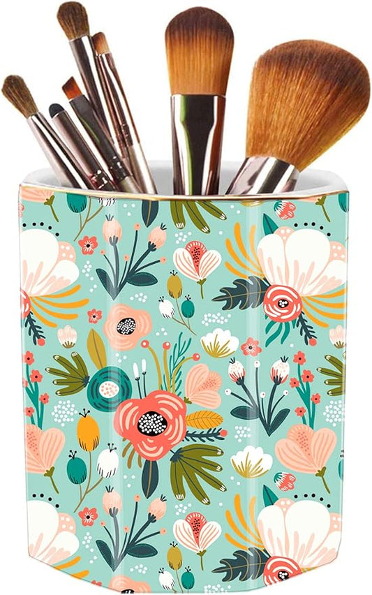 Jwest Pen Holder, Makeup Brush Holder Ceramic Shiny Gold Floral Pattern Pencil Cup for Girls Kids Women Durable Stand Desk Organizer Storage Gift for Office, Classroom, Home Mint Flowers