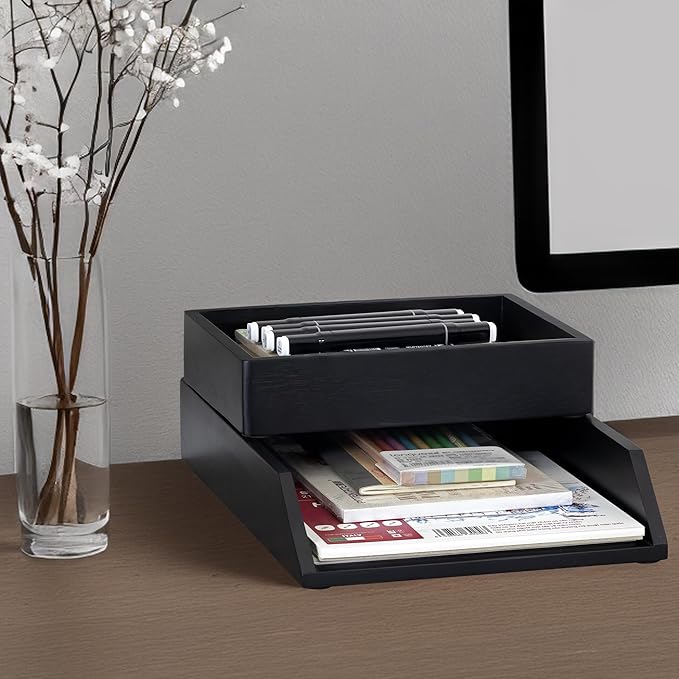 Demigo Desk Organizer Letter Tray Set of 2, Acacia Wood Tabletop Desktop for Storage Paper Letter Folders Notebooks Copy Print, Workspace Holder, Keep Stationery Saver (Black)