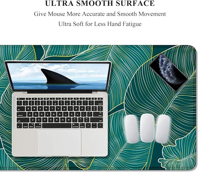 Auhoahsil Desk Mat, Ultra Large Mouse Pad, XXL Gaming Mousepad, Green Tropical Leaves Deskpad, Big Extended Full Size Mouse Pad, Desktop Desk Matt for Keyboard, Laptop & Computer, 35.5 x 15.7 in