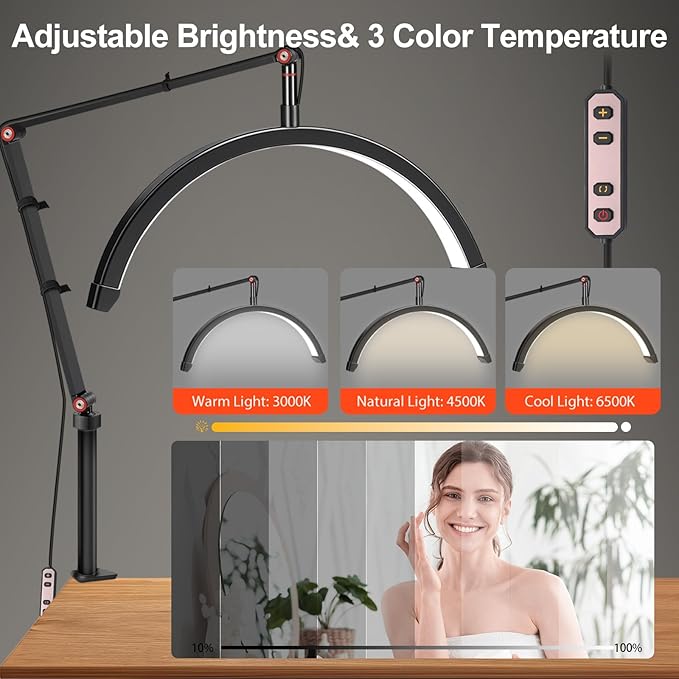Professional LED Desk Lamp, Half Moon Light for Desk with Clip&Phone Holder, Esthetician Light with Adjustable 10-Level Dimming & 3 Color for Work,Office,Makeup,Nail Salon,Tattoo,Craft (Black)