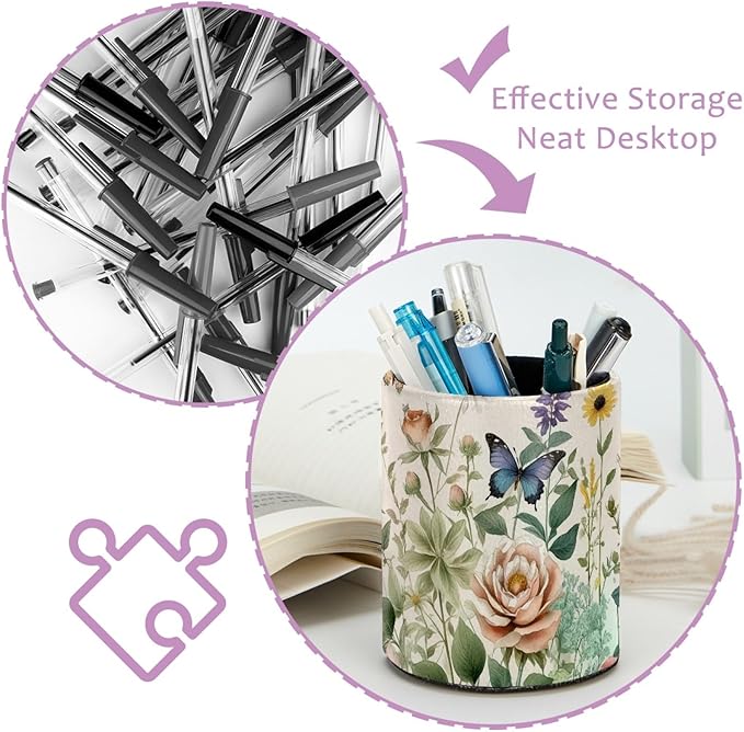 Leather Pen Holder for Desk Floral Pretty Butterflies Pencil Cup Desktop Organizer Makeup Brush Holders Office Supplies for Home, Kids & School