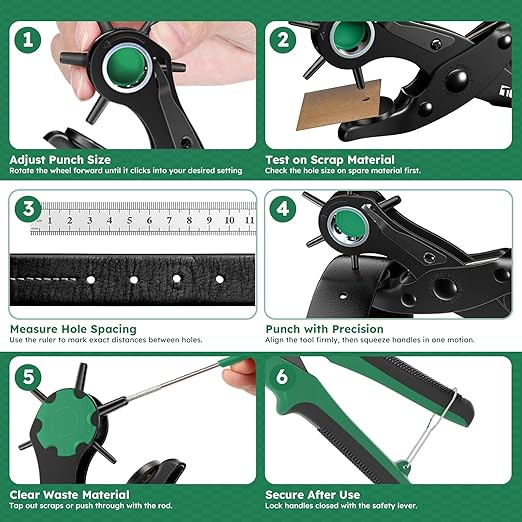 Professional Leather Hole Punch Plier - Tonmifr Heavy Duty 6 Sizes Belt & Watch Band Hole Puncher Tool, Leather Craft Tool for Belts, Handbags, Straps, Cardboard, Precision Ground Punches with Non-Sli