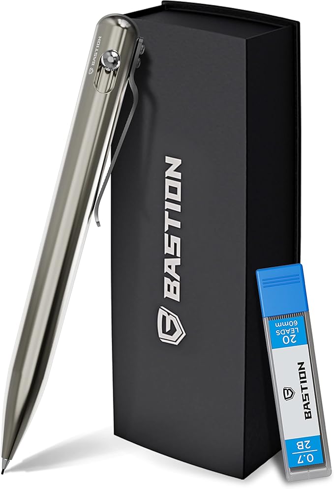 BASTION® Luxury Mechanical Pencil, Durable Professional Medium Point Pencil for Birthday Gift includes 20 x 0.77mm Lead Refills - Titanium