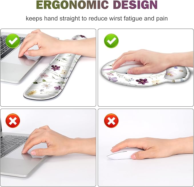 Gaming Mouse Pad, Large Desk Mat, Cute Desk Pad Protector, 4in1 XXL Mousepad + Keyboard Wrist Rest+Mouse Wrist Rest+Coaster Set with Ergonomic Desk Pad for Home Office Computer, Purple Flower Plants