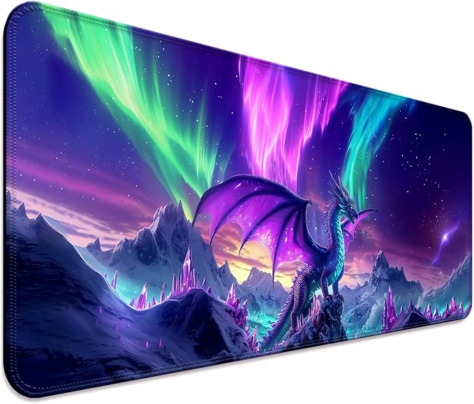 Fantasy Aurora Scenery and Dragon Gaming Desk Mat, Computer Keyboard Large Extended Long Mouse Pad for Office and Home, XL (W06)