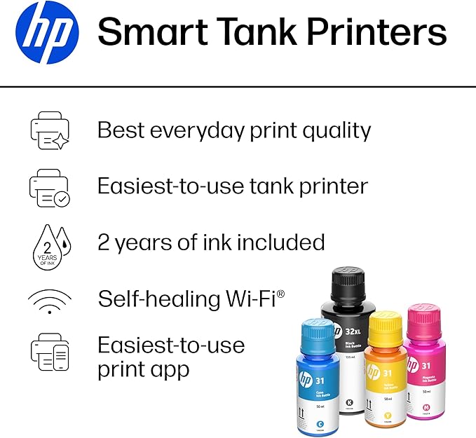 HP Smart Tank 5000 Wireless All-in-One Ink Tank Printer, Scanner, Copier with 2 years of ink included, Best-for-home, Refillable, AI-enabled (5D1B6A)