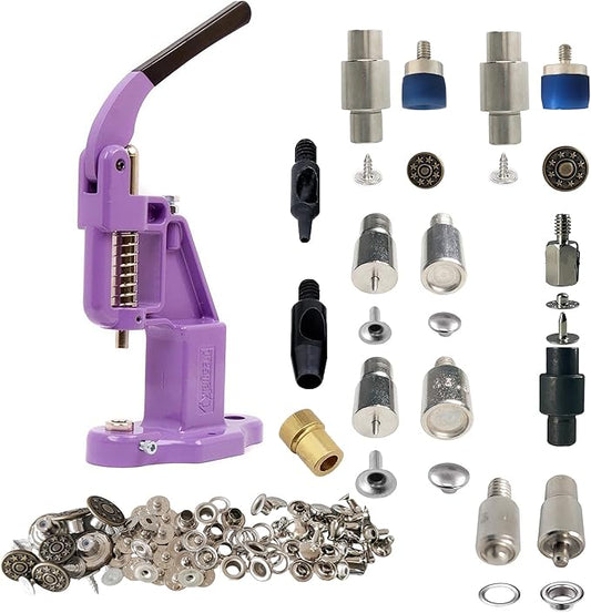 Hand Press with Brass 14 mm and 17 mm Jean Buttons Nipple Rivets 5mm (Nr3) Eyelets 7 and 9 mm Single Capped Rivets Matching Dies and Hole Punch (Lilac Press)