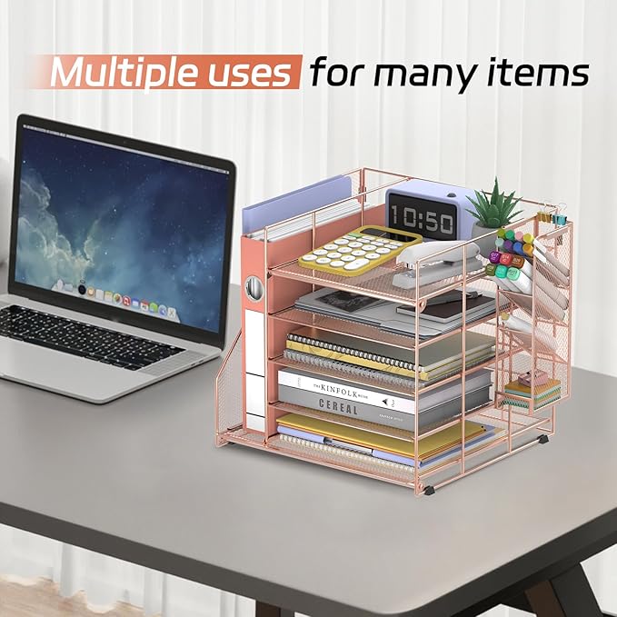 Desk Organizer with Magazine Holder, 5-Tier Paper Organizer for Desk with Pen Holder, Paper Letter Tray for Home, Office or School Supplies, Rose Gold