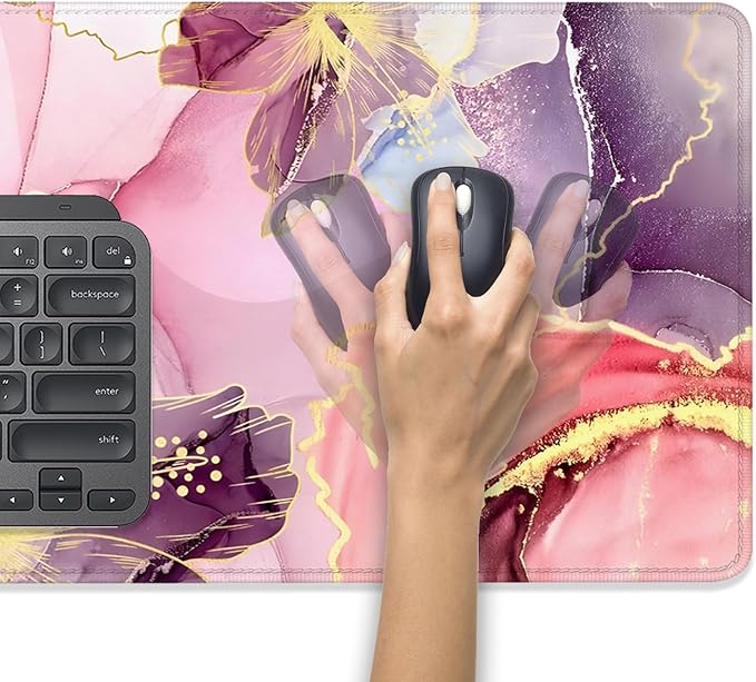 Pink Abstract Watercolor Vintage Flowers Desk Pad Mouse Pad,Floral Extended Large Gaming Mouse Mat with Stitched Edges,Non-Slip Waterproof Rubber Base Mousepad for Office Work Home(27.5X11.8 in)