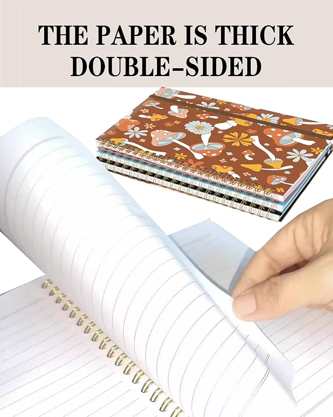 Spiral Journal Notebook, A5 Cute Notebooks for Women Men, College Ruled Hardcover Notebook for Work & Note Taking, 60 Pages Double-Wire Journals for Writing, Retro Cute Boho Mushrooms