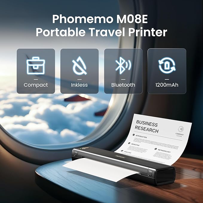 Phomemo M08E Portable Printers Wireless for Travel, Bluetooth Inkless Thermal Printer Support 8.5'' x 11'' US Letter, Compatible with iPhone, Android Phone, Laptop for Office Car Home Use